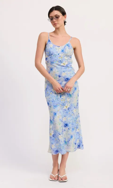 Blue Floral Tea-Length Casual Wedding Guest Dress sold by PromGirl