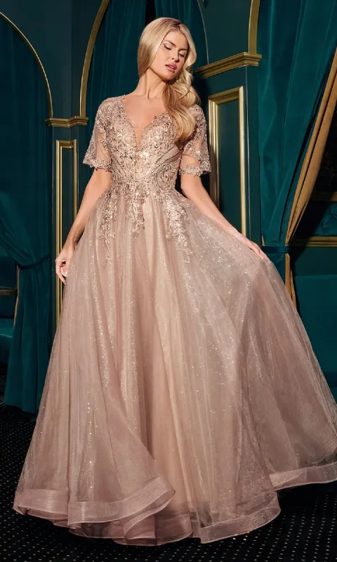 Short-Sleeve Glitter Formal Dress: Ladivine CD726 sold by PromGirl