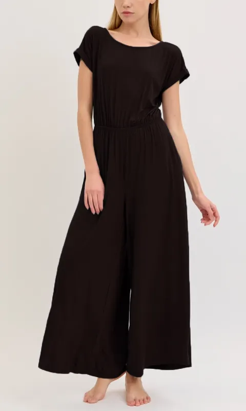 Short-Sleeve Casual Long Wide-Leg Jumpsuit sold by PromGirl