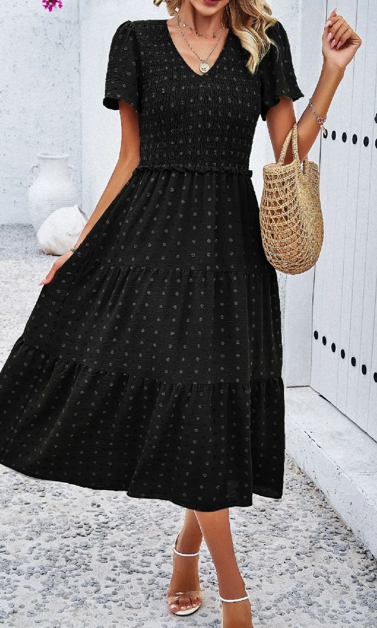 Smocked Casual Polka Dot Midi Dress sold by PromGirl product image thumbnail 3