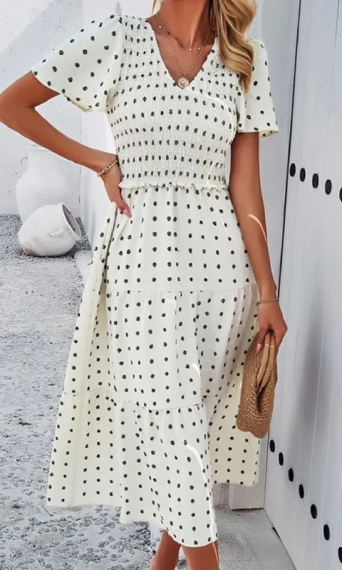 Smocked Casual Polka Dot Midi Dress sold by PromGirl