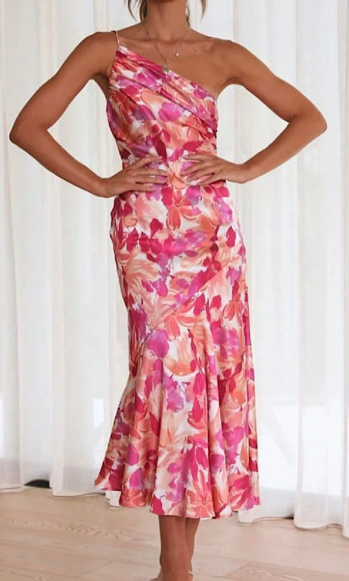 One-Shoulder Casual Floral Print Midi Dress sold by PromGirl