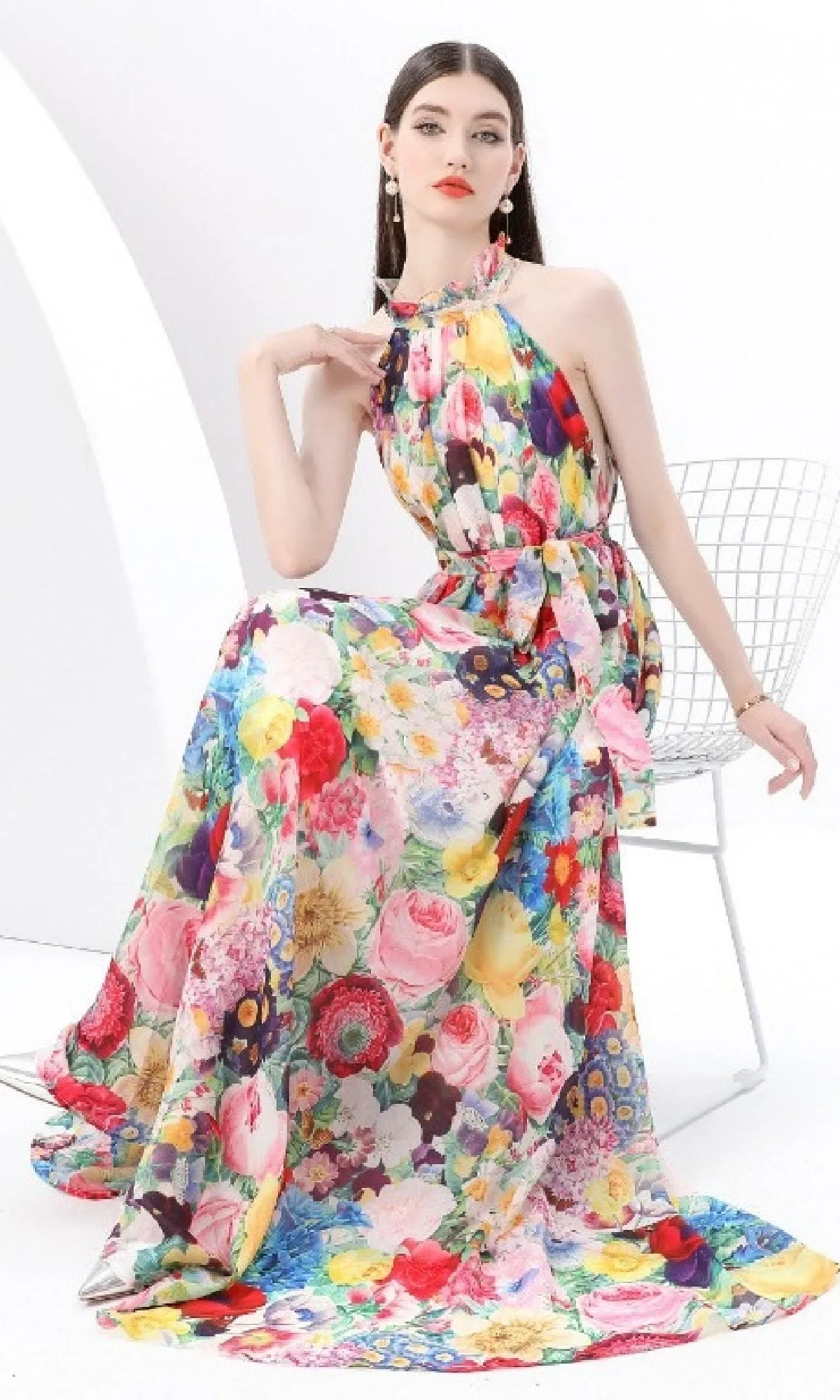High Neck Long A-Line Floral Casual Maxi Dress sold by PromGirl