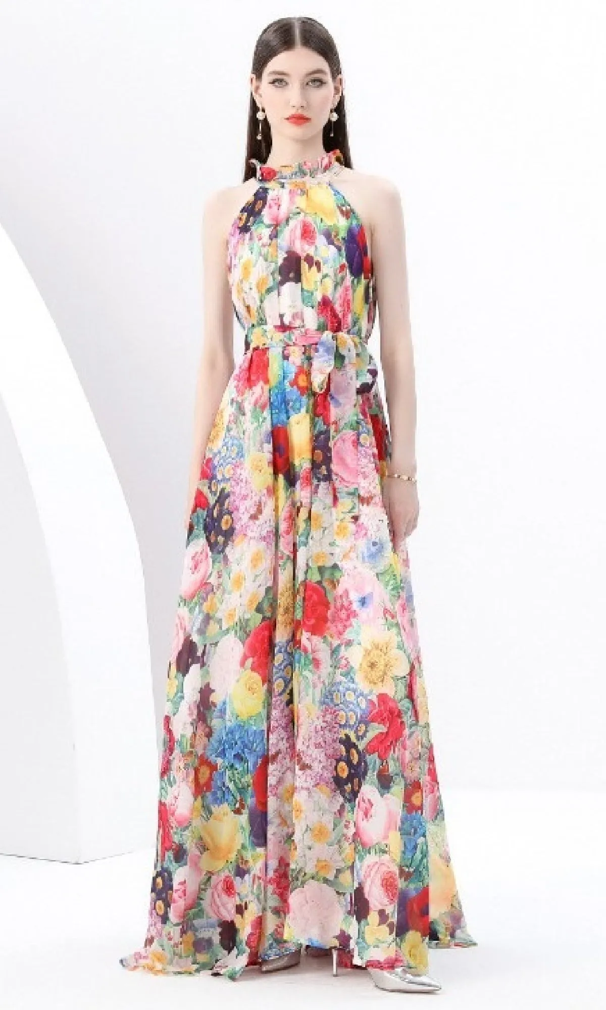 High Neck Long A-Line Floral Casual Maxi Dress sold by PromGirl product image thumbnail 3