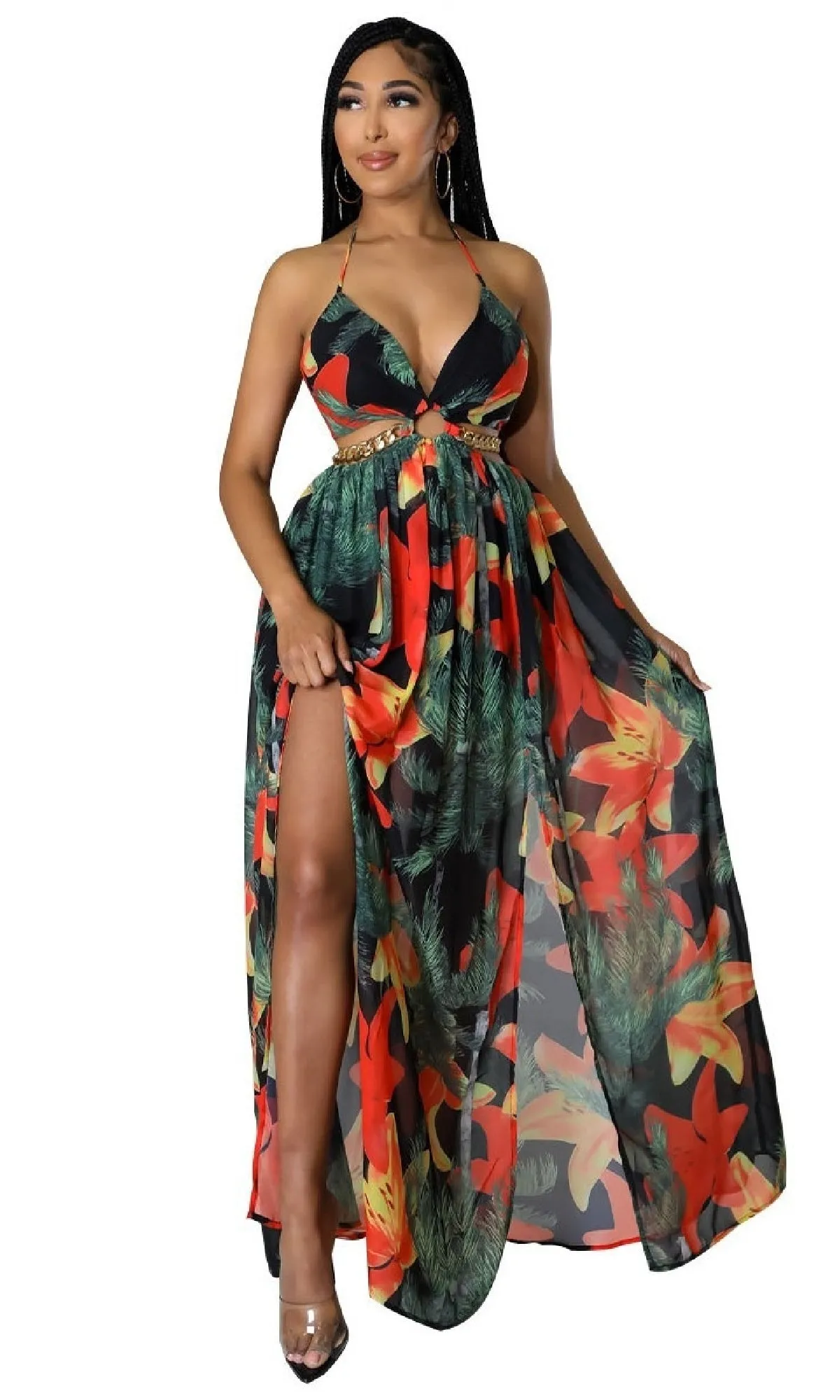 Cut-Out Floral Print Halter Casual Maxi Dress sold by PromGirl