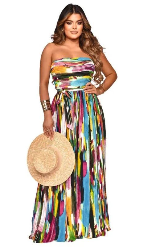 Strapless Multi-Color Wide-Leg Casual Jumpsuit sold by PromGirl
