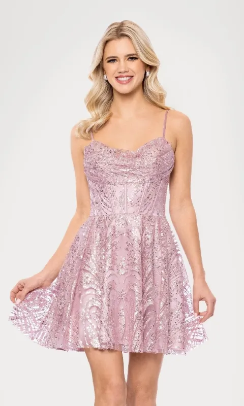 Cowl-Neck Short Hoco Dress: Blondie Nites 5713BN sold by PromGirl