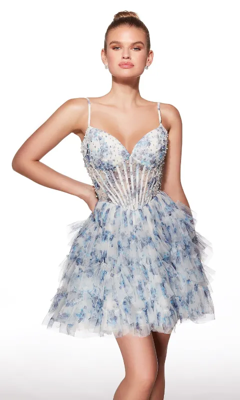 Ruffled Short Print Corset Hoco Dress: Alyce 30013 sold by PromGirl