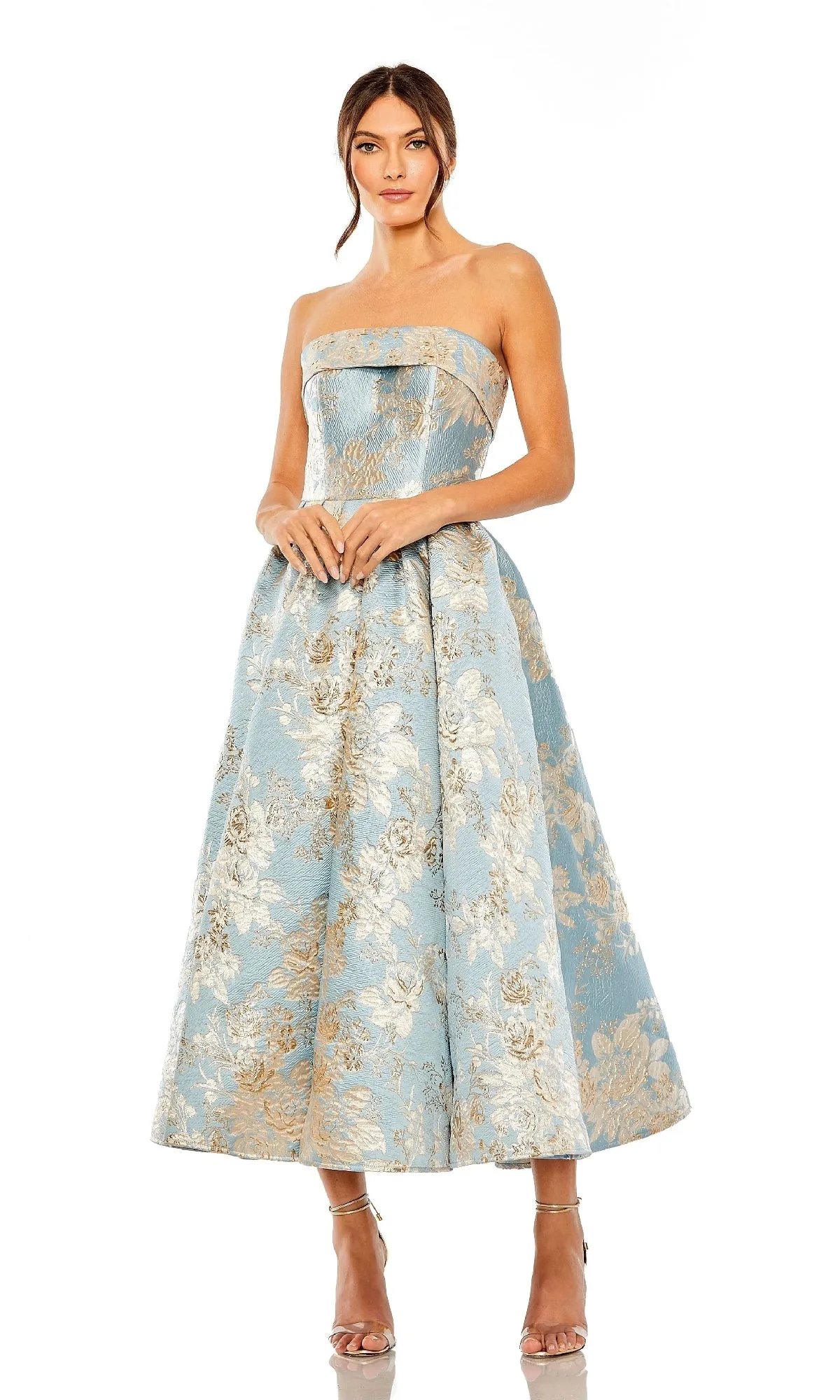 Blue Brocade Wedding Guest Dress: Mac Duggal 20726 sold by PromGirl