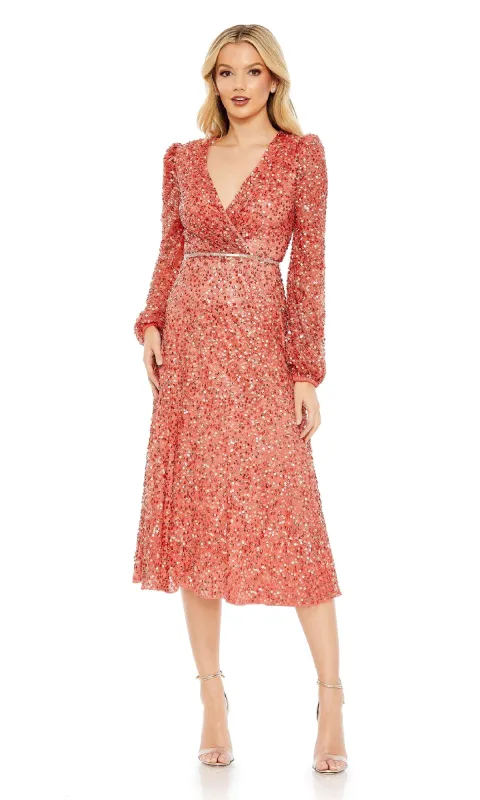 Coral Midi Wedding Guest Dress: Mac Duggal 5588 sold by PromGirl