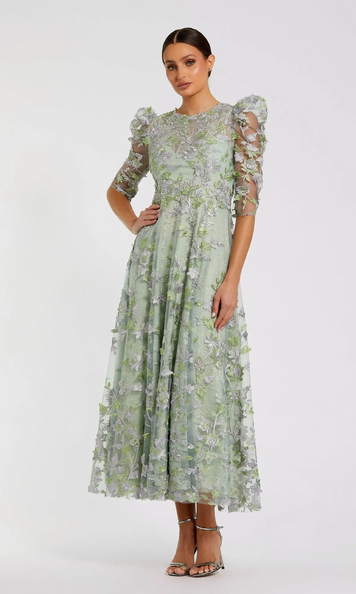 Tea-Length Lace Formal Dress: Mac Duggal 68193 sold by PromGirl product image thumbnail 4