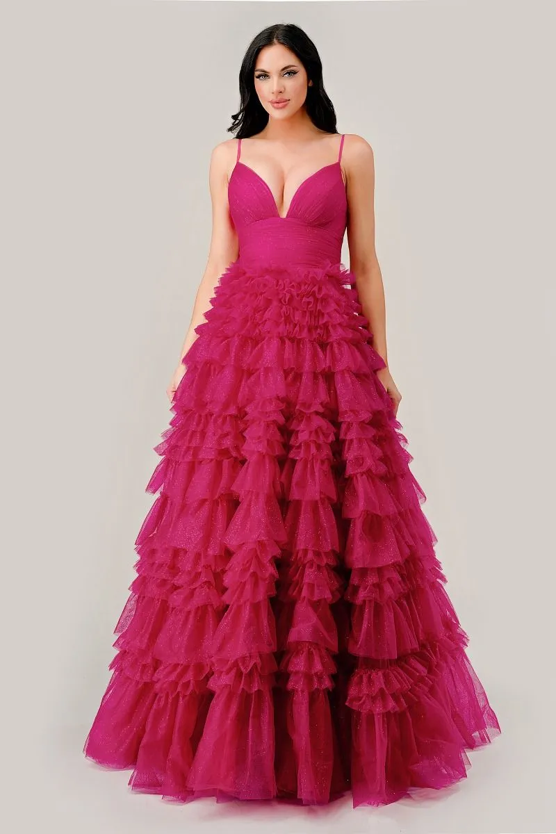 Fuchsia Pink Ruffled Prom Ball Gown: Ladivine C156 sold by PromGirl