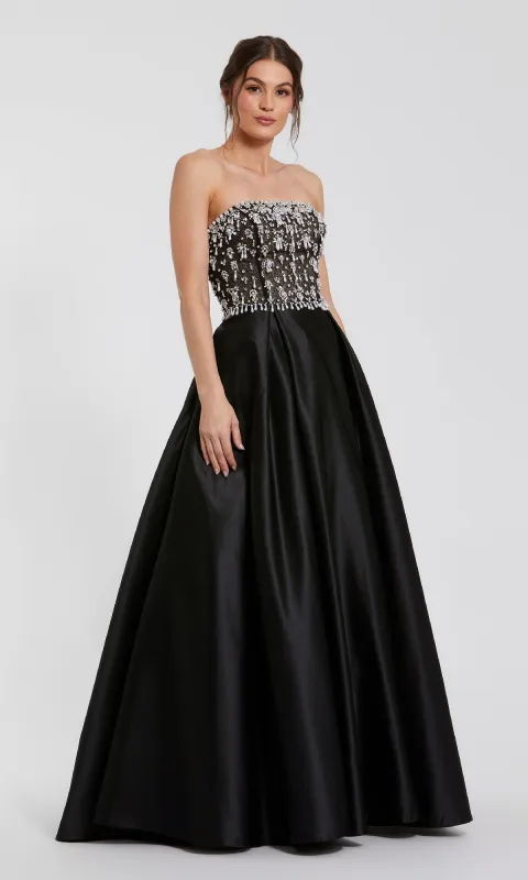 Strapless Black Satin Prom Gown: Mac Duggal 2225 sold by PromGirl
