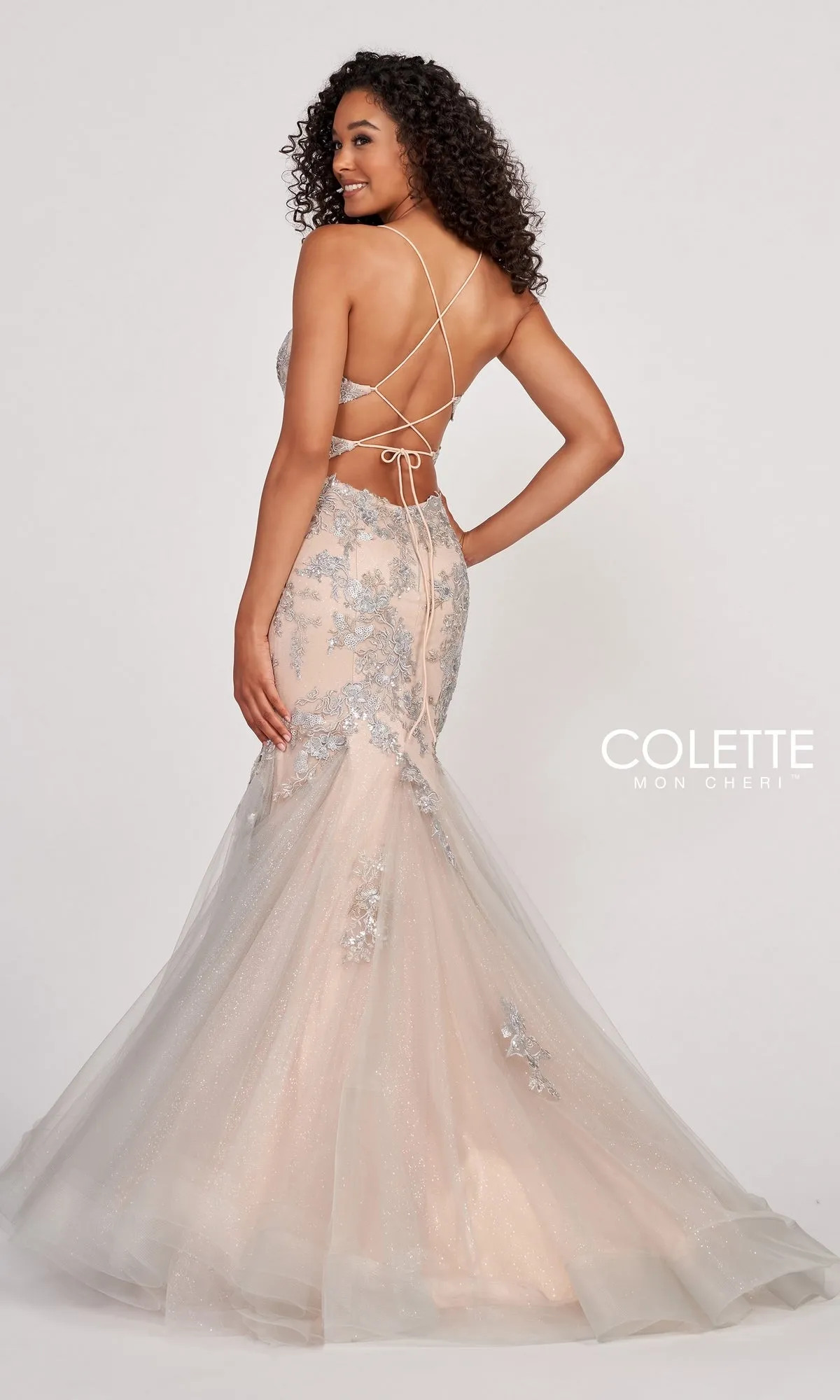 Colette Silver Lace Long Nude Mermaid Prom Dress sold by PromGirl product image thumbnail 2