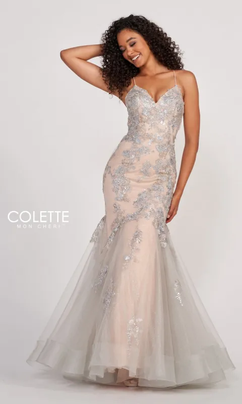 Colette Silver Lace Long Nude Mermaid Prom Dress sold by PromGirl