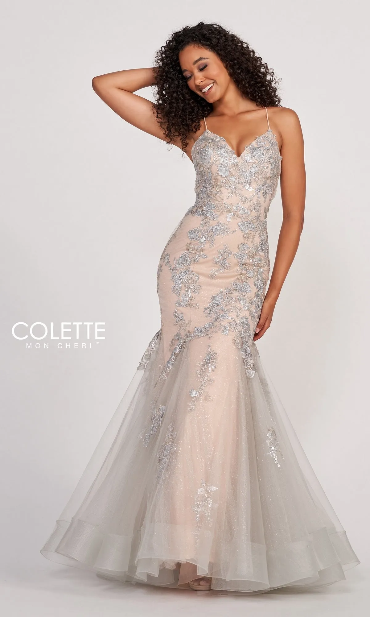 Colette Silver Lace Long Nude Mermaid Prom Dress sold by PromGirl