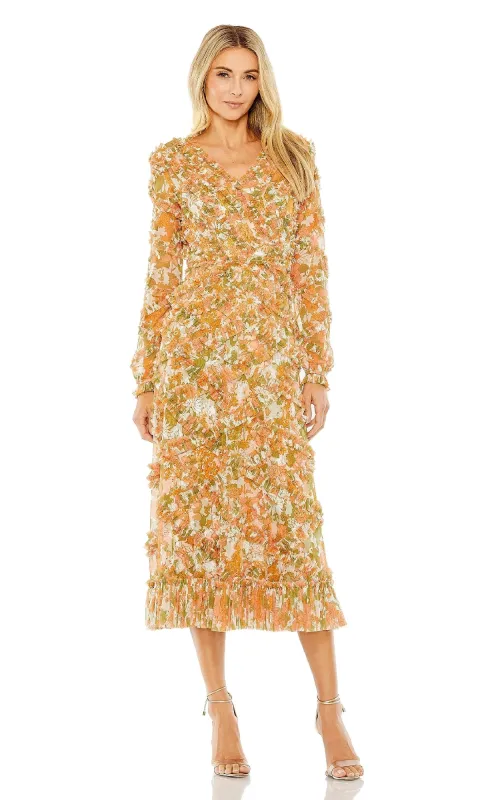 Orange Print Wedding Guest Dress: Mac Duggal 8134 sold by PromGirl