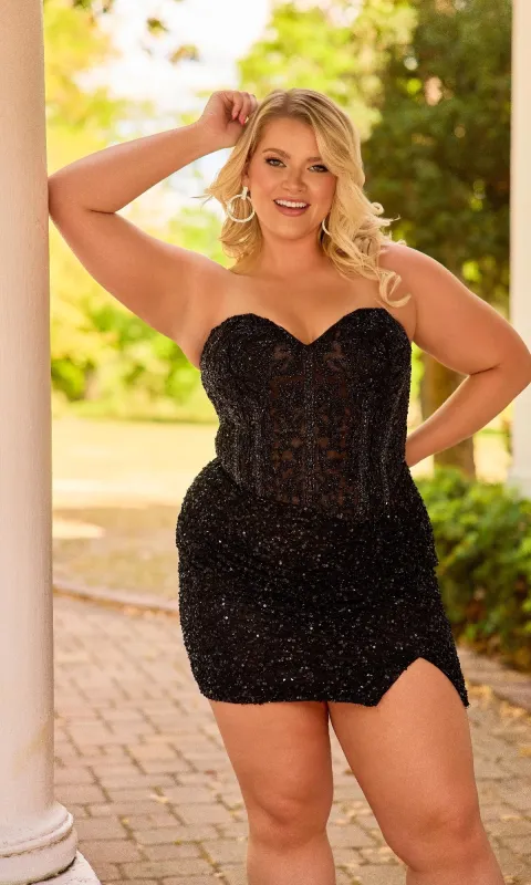 Sheer-Corset Plus Hoco Dress: Primavera 14098 sold by PromGirl