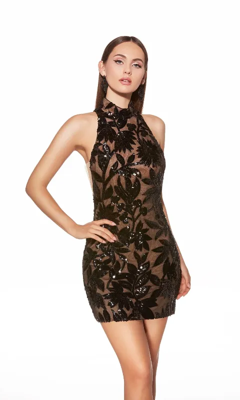 High-Neck Short Black Lace Hoco Dress: Alyce 40128 sold by PromGirl
