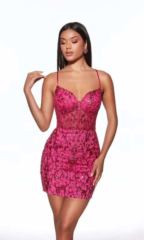 Raspberry Short Beaded Hoco Dress: Alyce 40091 sold by PromGirl