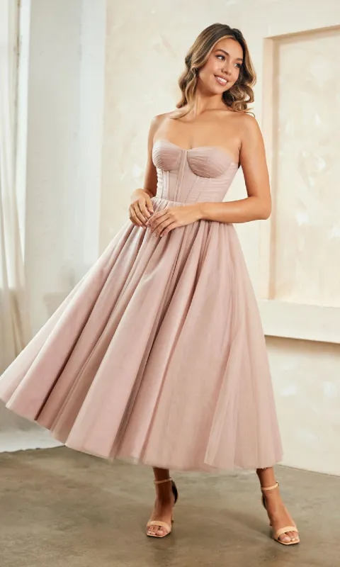 Strapless Pink Semi-Formal Dress: Amelia Couture sold by PromGirl