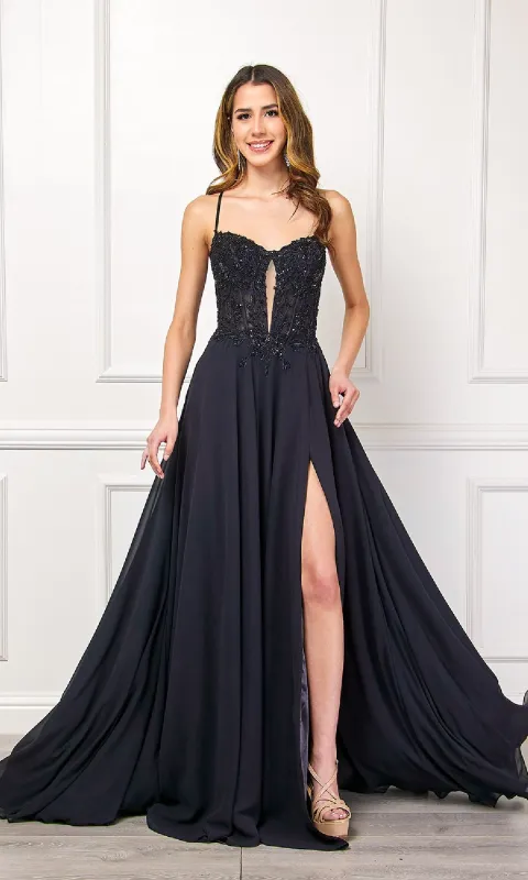 Long Black Corset Prom Dress: Amelia Couture 7066 sold by PromGirl