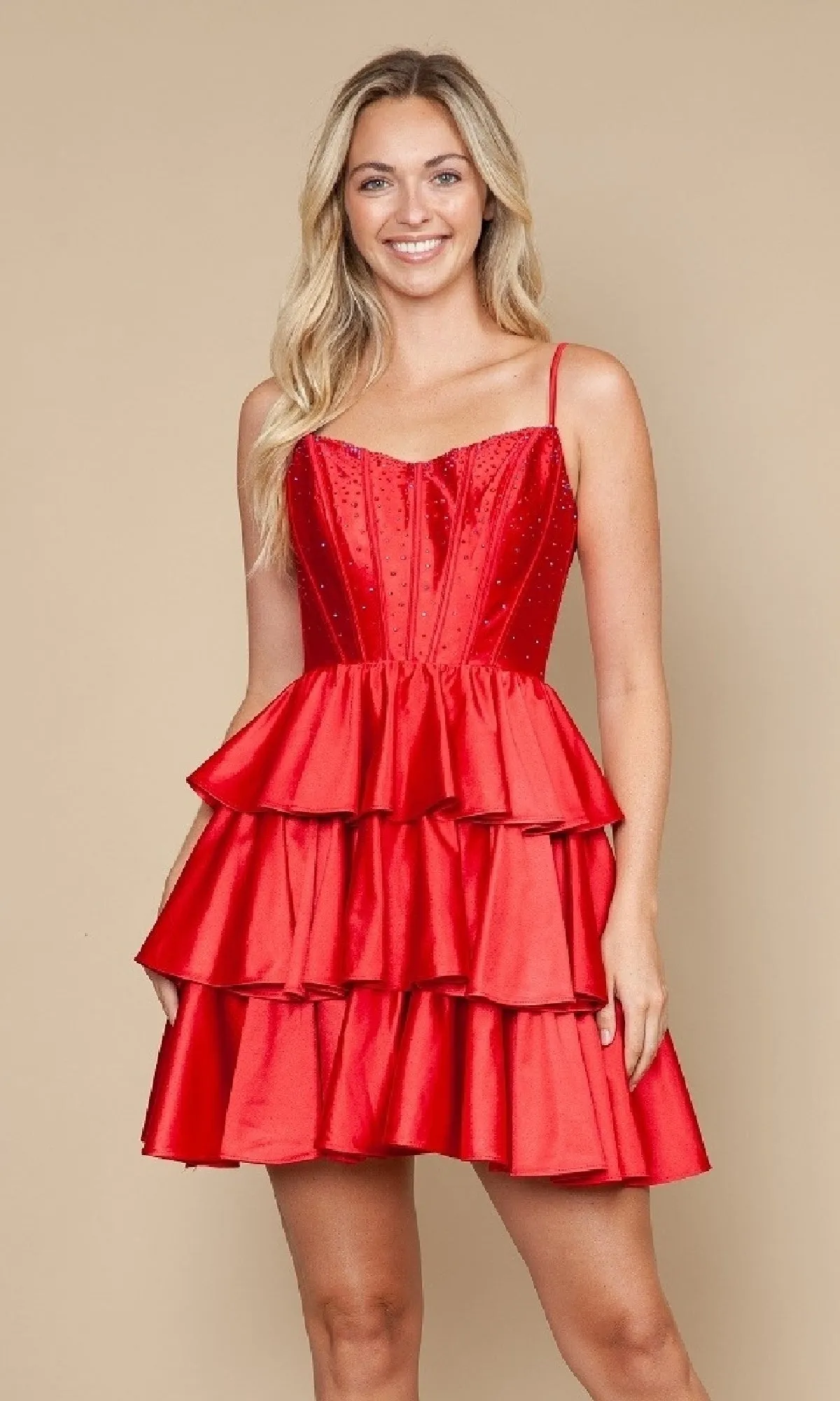 Lace-Up Short Ruffle Hoco Dress: Poly USA 9896 sold by PromGirl product image thumbnail 4