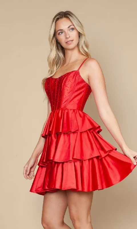 Lace-Up Short Ruffle Hoco Dress: Poly USA 9896 sold by PromGirl