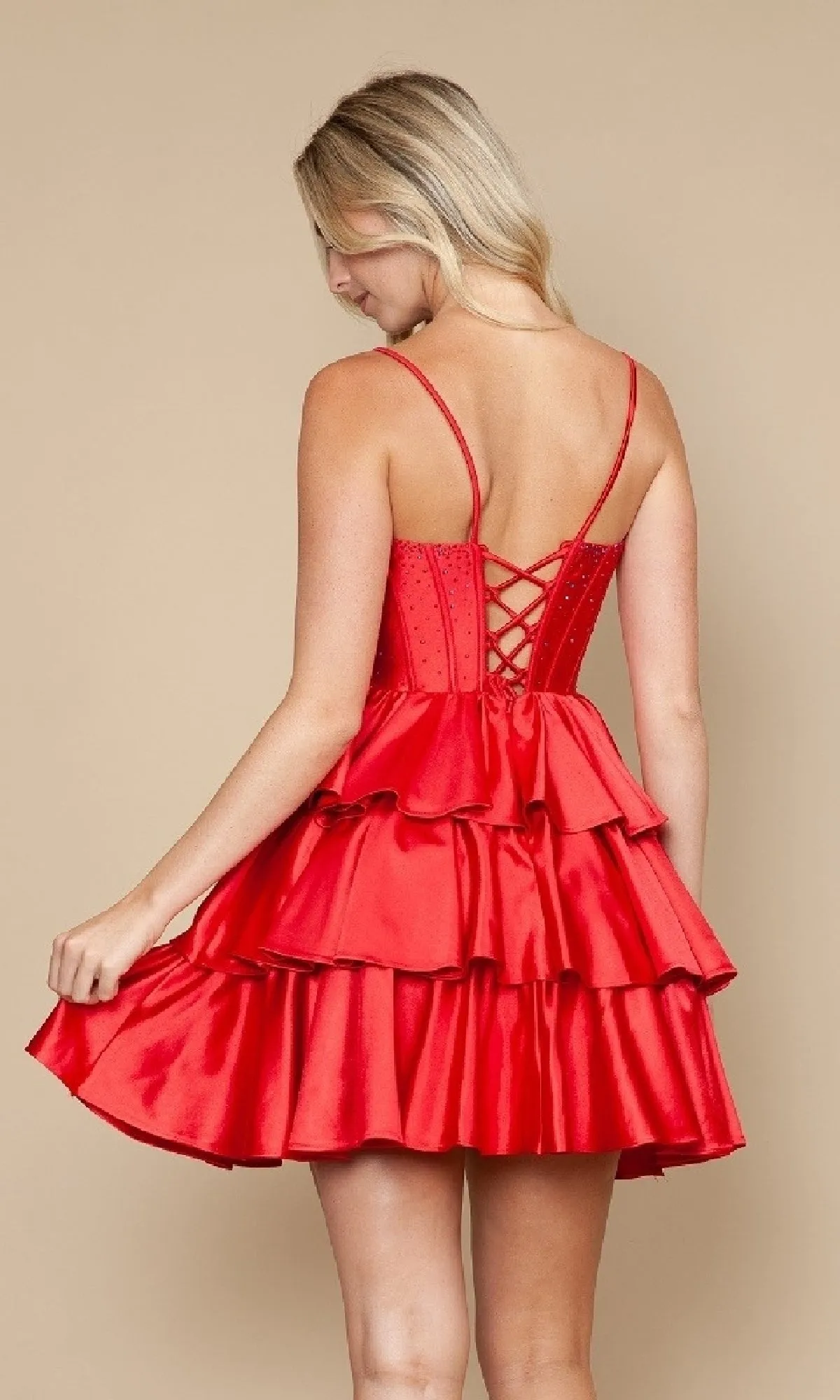 Lace-Up Short Ruffle Hoco Dress: Poly USA 9896 sold by PromGirl product image thumbnail 2