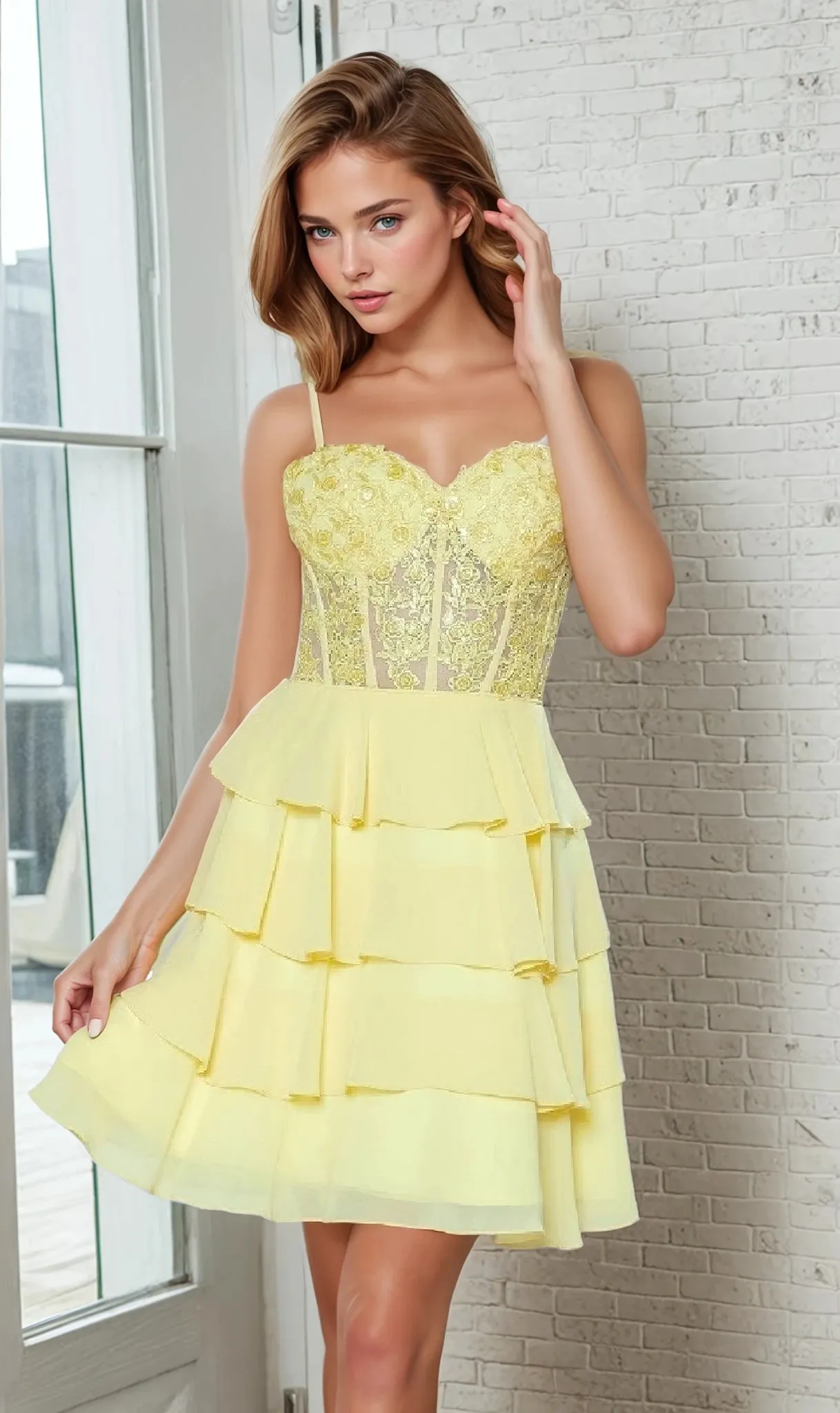 Short Ruffled Lace-Up Hoco Dress: Poly USA 9494 sold by PromGirl