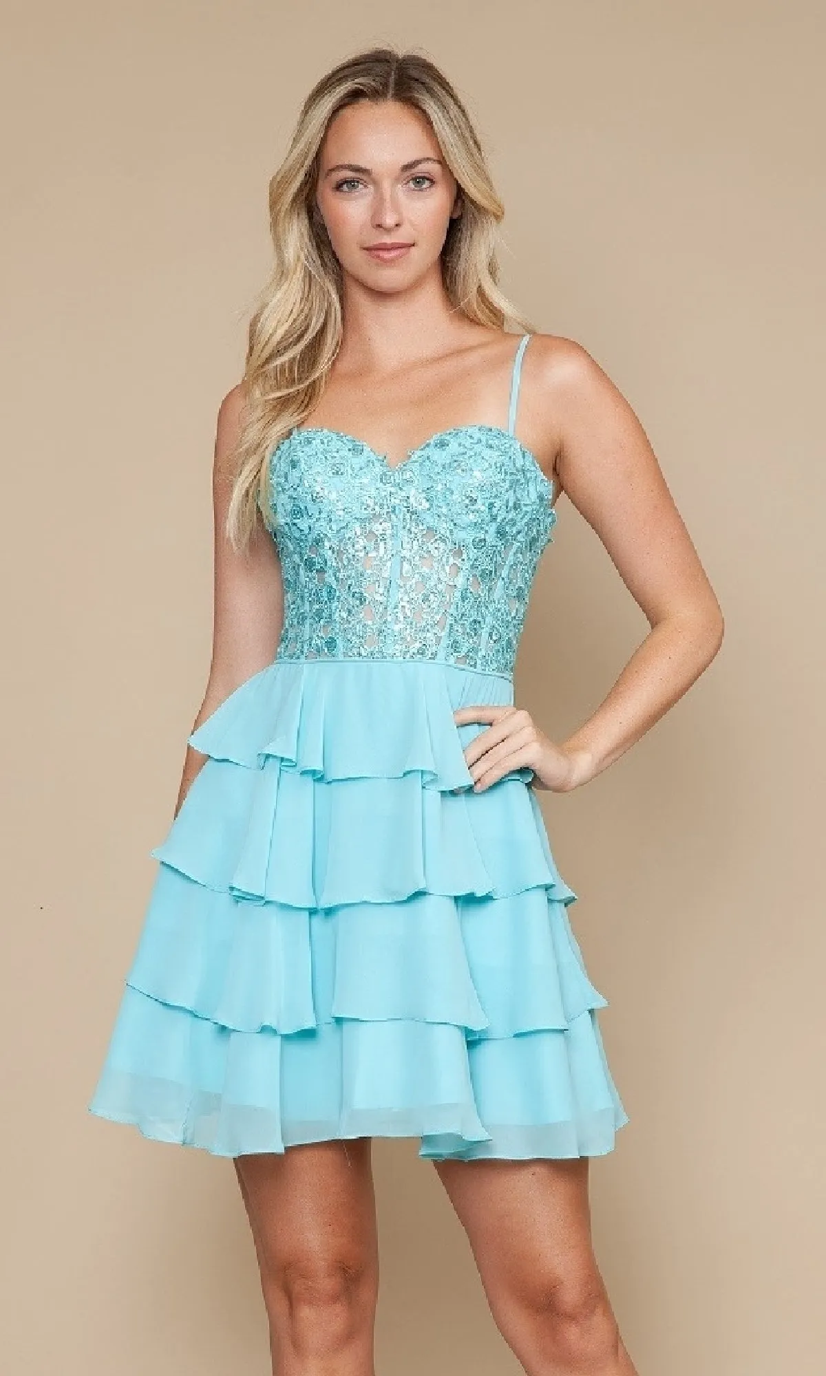 Short Ruffled Lace-Up Hoco Dress: Poly USA 9494 sold by PromGirl product image thumbnail 5