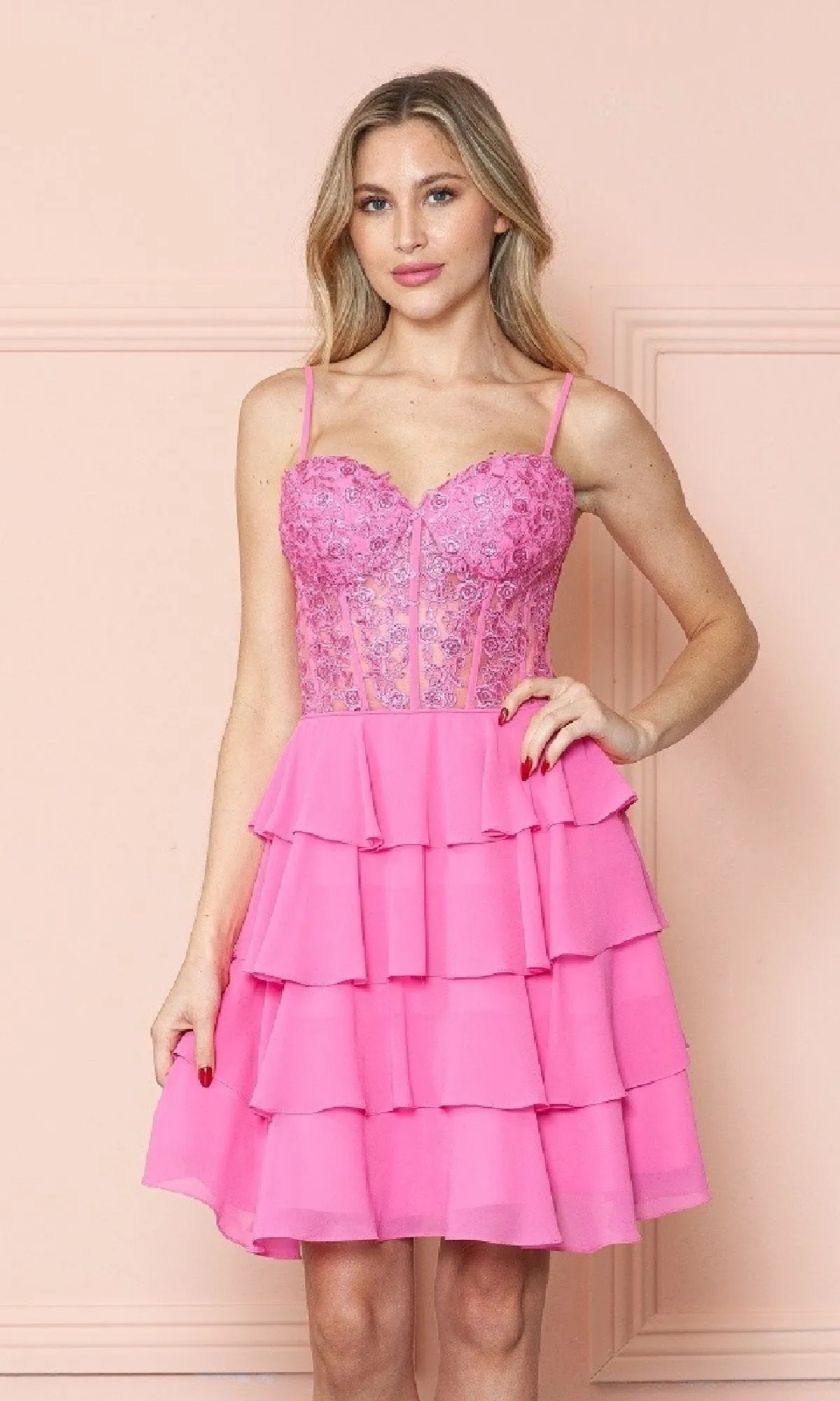 Short Ruffled Lace-Up Hoco Dress: Poly USA 9494 sold by PromGirl product image thumbnail 3
