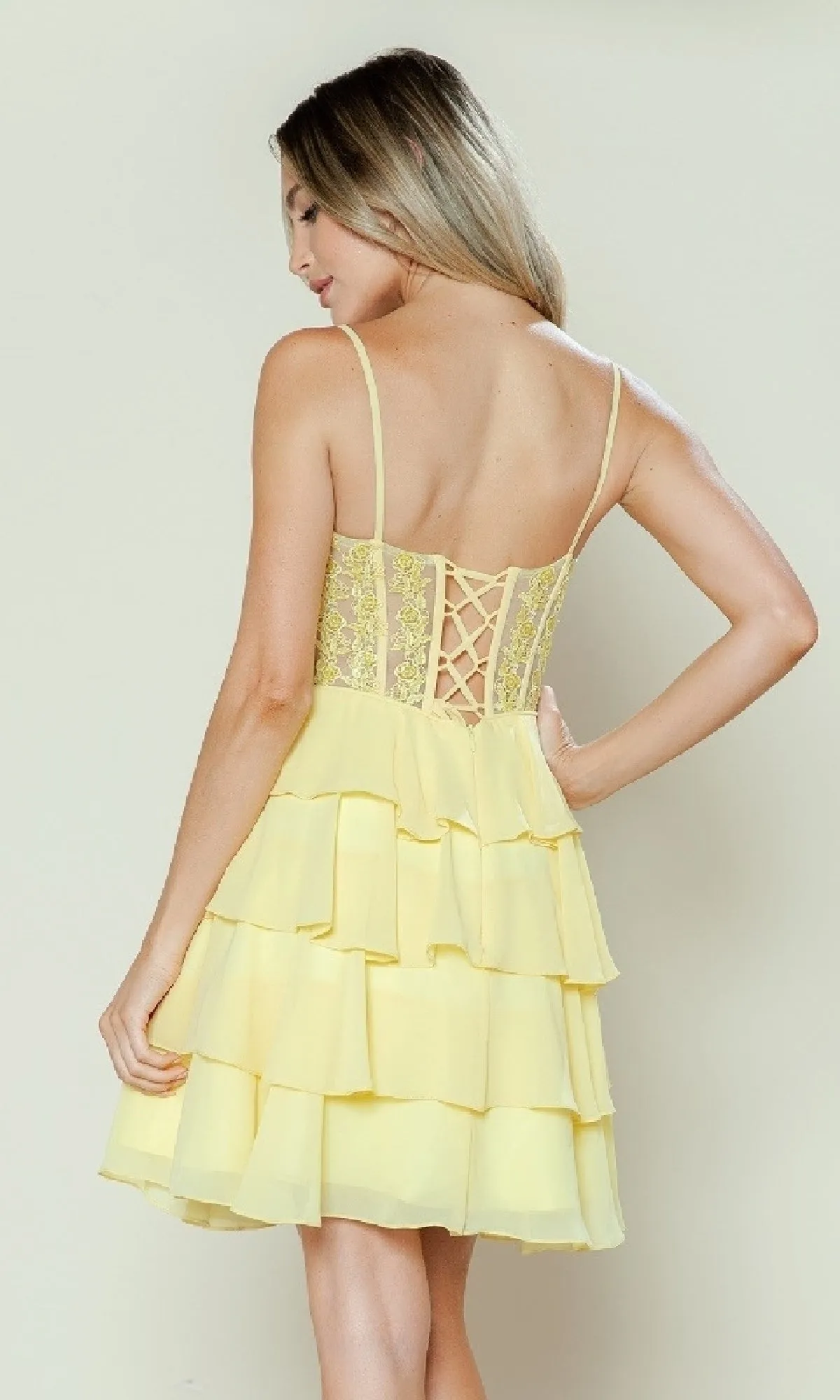 Short Ruffled Lace-Up Hoco Dress: Poly USA 9494 sold by PromGirl product image thumbnail 2