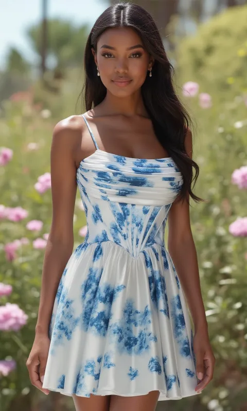 Lace-Up Short Print Hoco Dress: Alyce 30059 sold by PromGirl