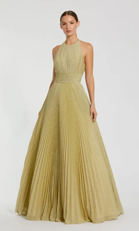 Pleated Long Gold Formal Dress: Mac Duggal 30772 sold by PromGirl