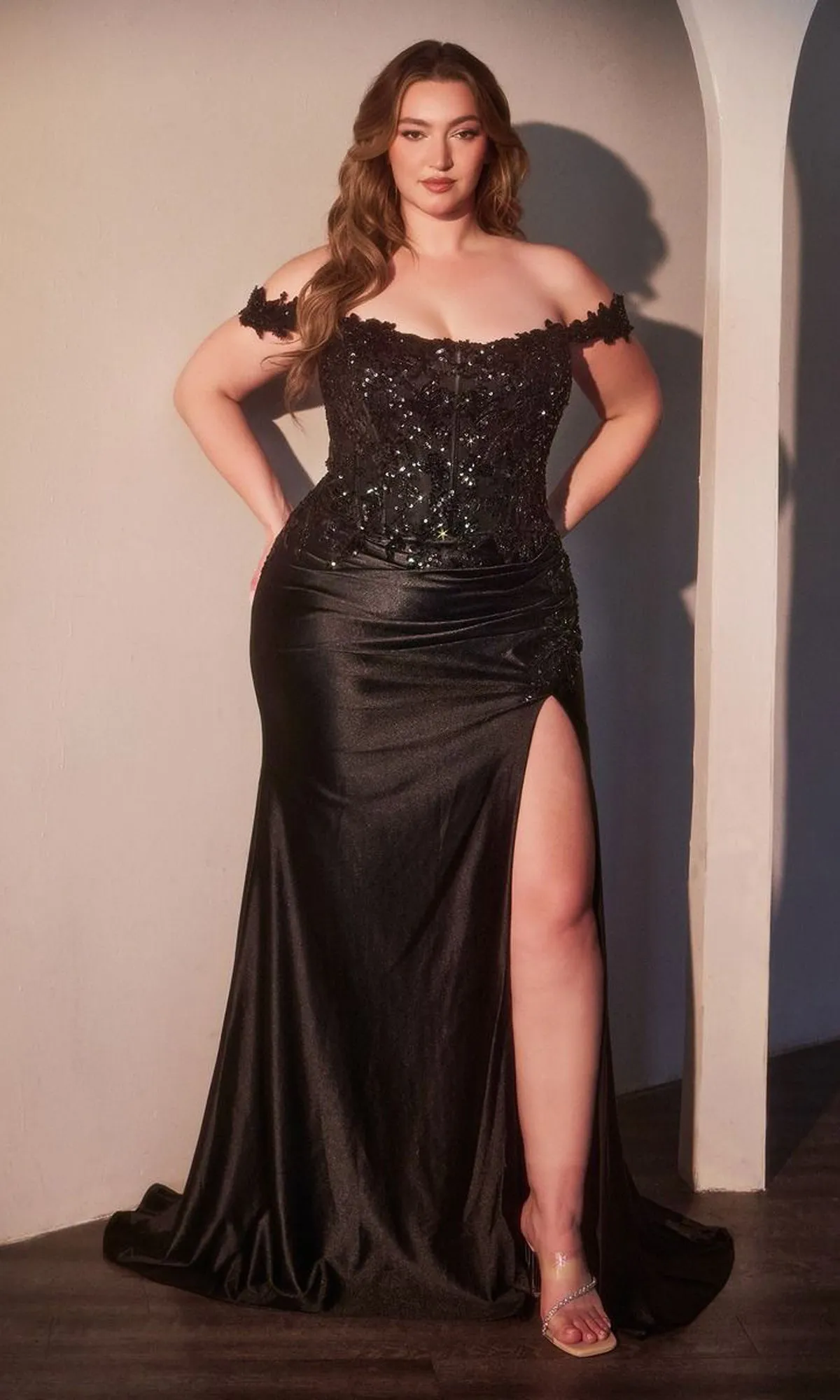 Plus-Size Off-Shoulder Prom Gown: Ladivine CDS537C sold by PromGirl