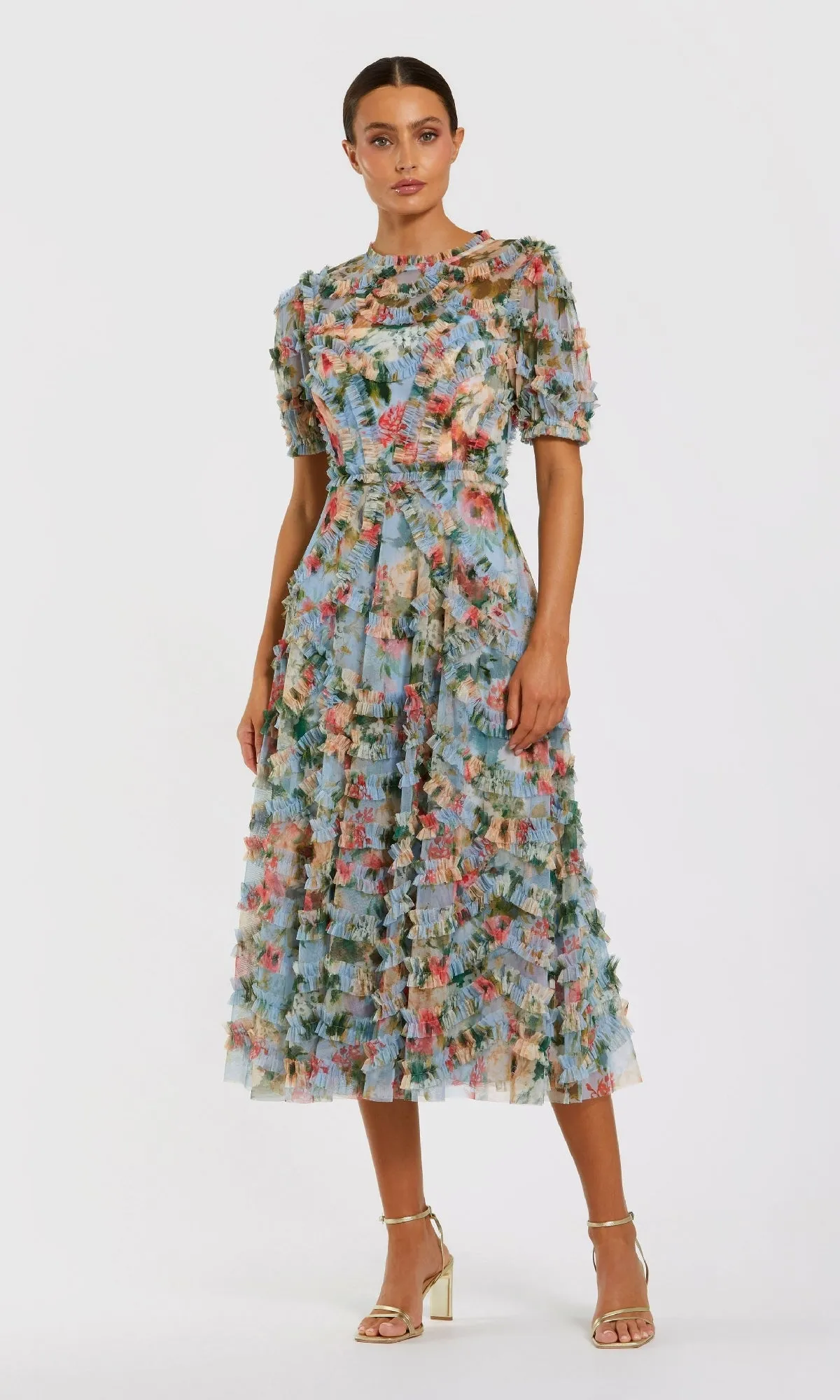 Floral Midi Wedding-Guest Dress: Mac Duggal 8302 sold by PromGirl