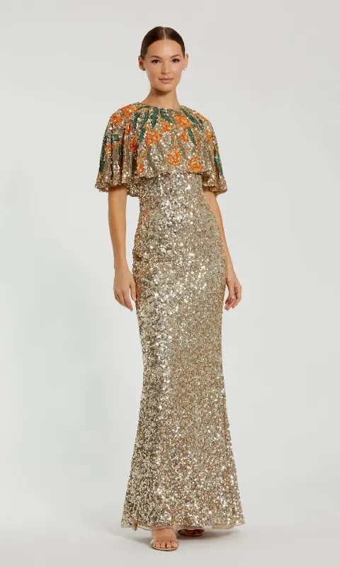 Caped Gold Sequin Formal Gown: Mac Duggal 6120 sold by PromGirl