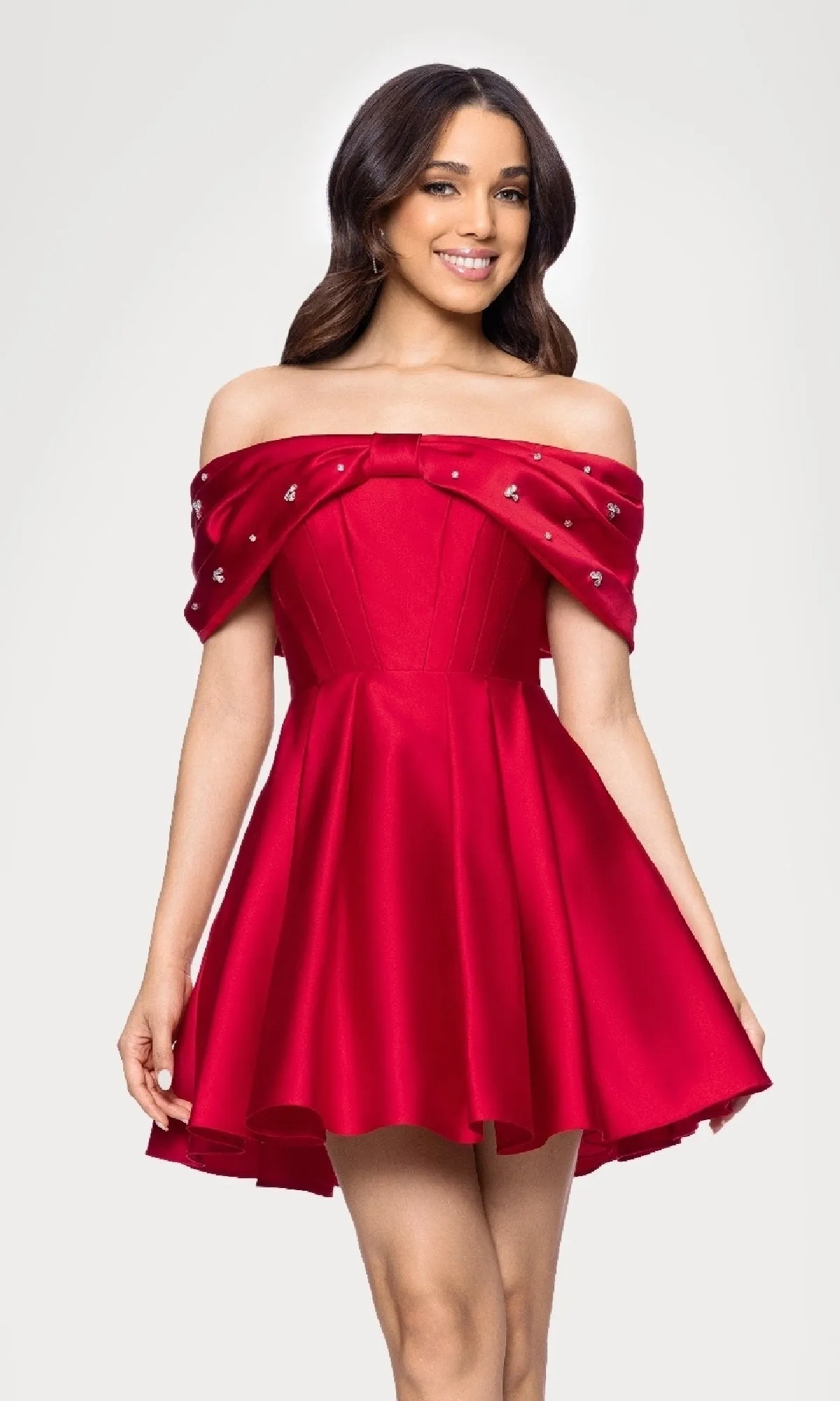 Off-Shoulder Red Hoco Dress: Blondie Nites 5695BN sold by PromGirl