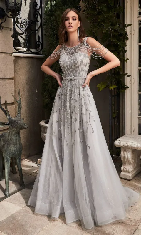 Beaded Long Silver A-Line Prom Dress B710 sold by PromGirl