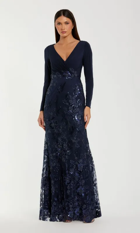 Long Sleeve Dark Blue Formal Gown: Mac Duggal 67871 sold by PromGirl