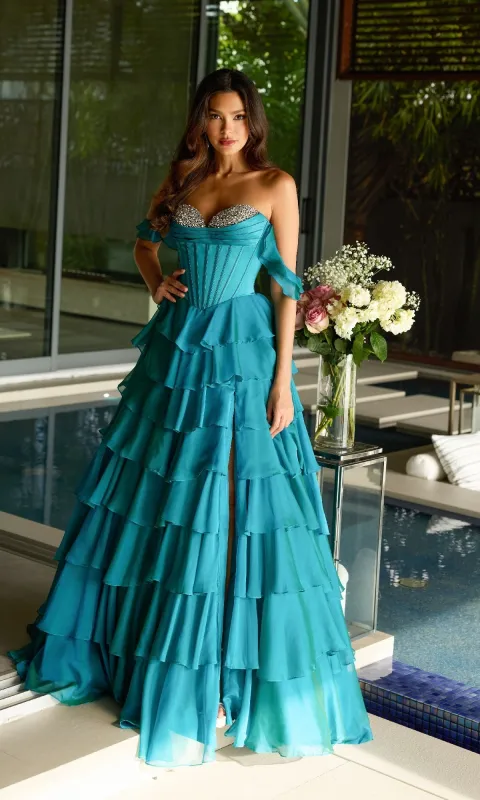 Off-Shoulder Ruffled Prom Gown: Ava Presley 42213 sold by PromGirl