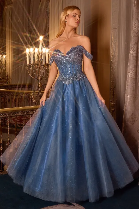 Off-the-Shoulder Glitter Prom Gown: Ladivine CC471 sold by PromGirl