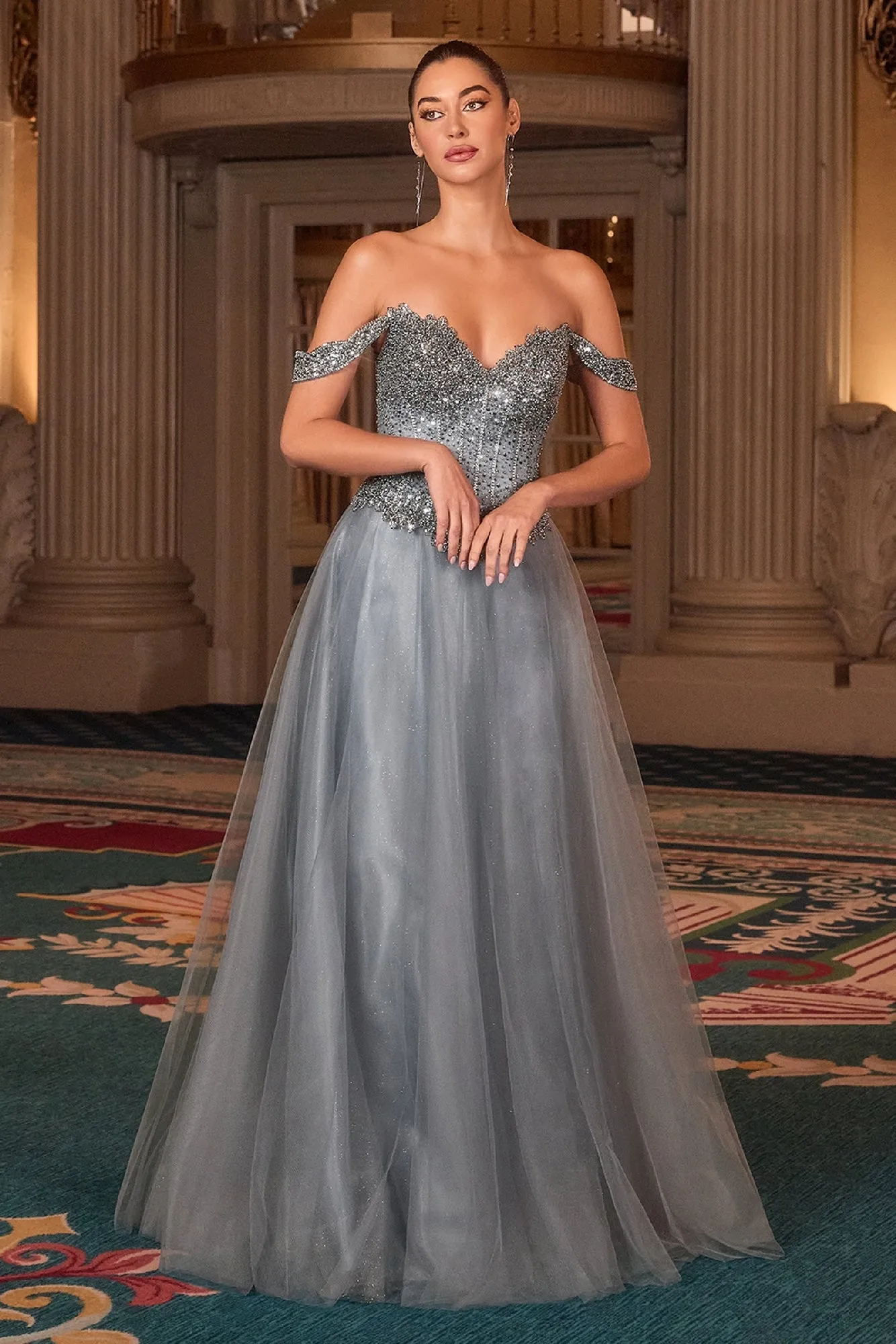 Off-the-Shoulder Glitter Prom Gown: Ladivine CC471 sold by PromGirl product image thumbnail 3
