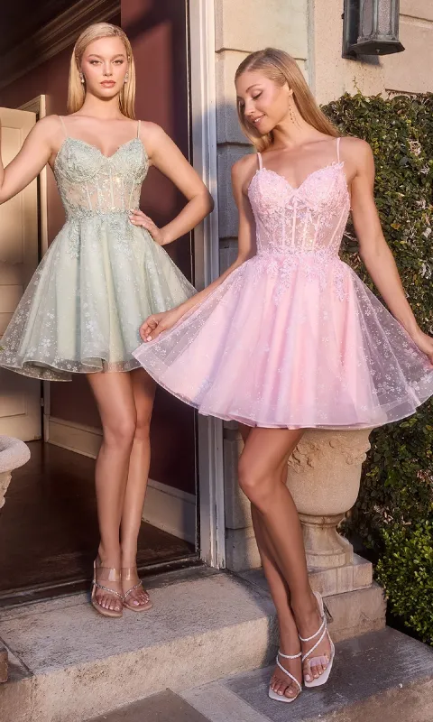 Sheer-Corset Short Hoco Dress: Ladivine CJ419 sold by PromGirl