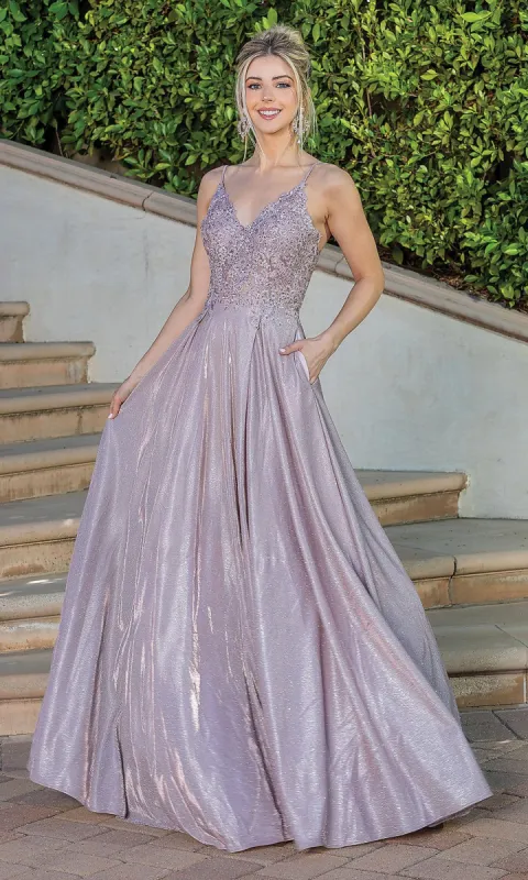 Corset-Back Metallic Long Prom Dress with Pockets sold by PromGirl