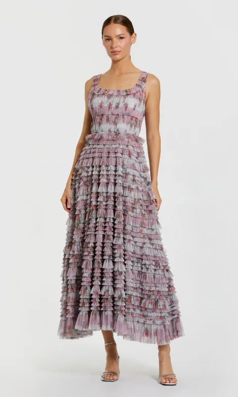 Ruffled Midi Floral-Print Party Dress: Mac Duggal 8311 sold by PromGirl