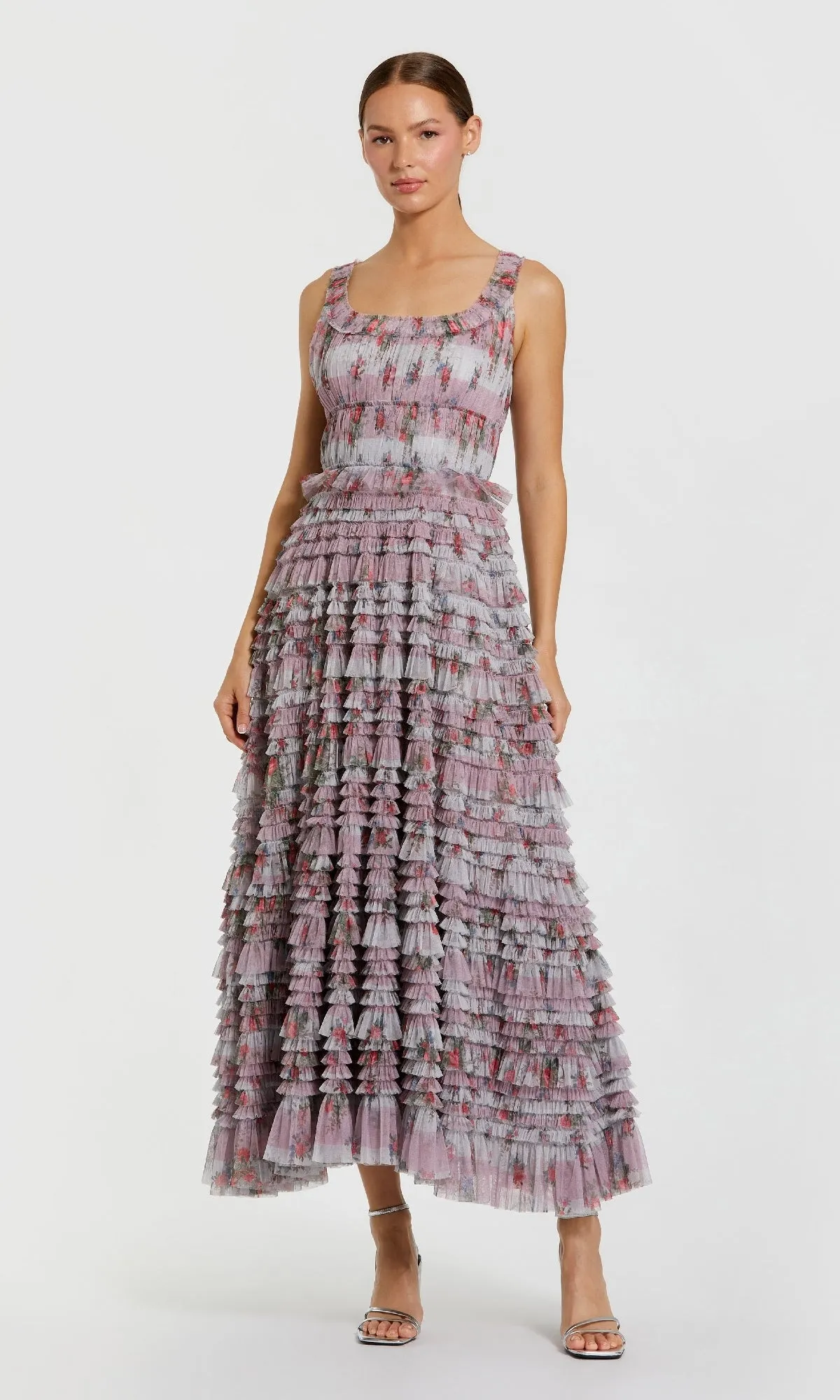 Ruffled Midi Floral-Print Party Dress: Mac Duggal 8311 sold by PromGirl