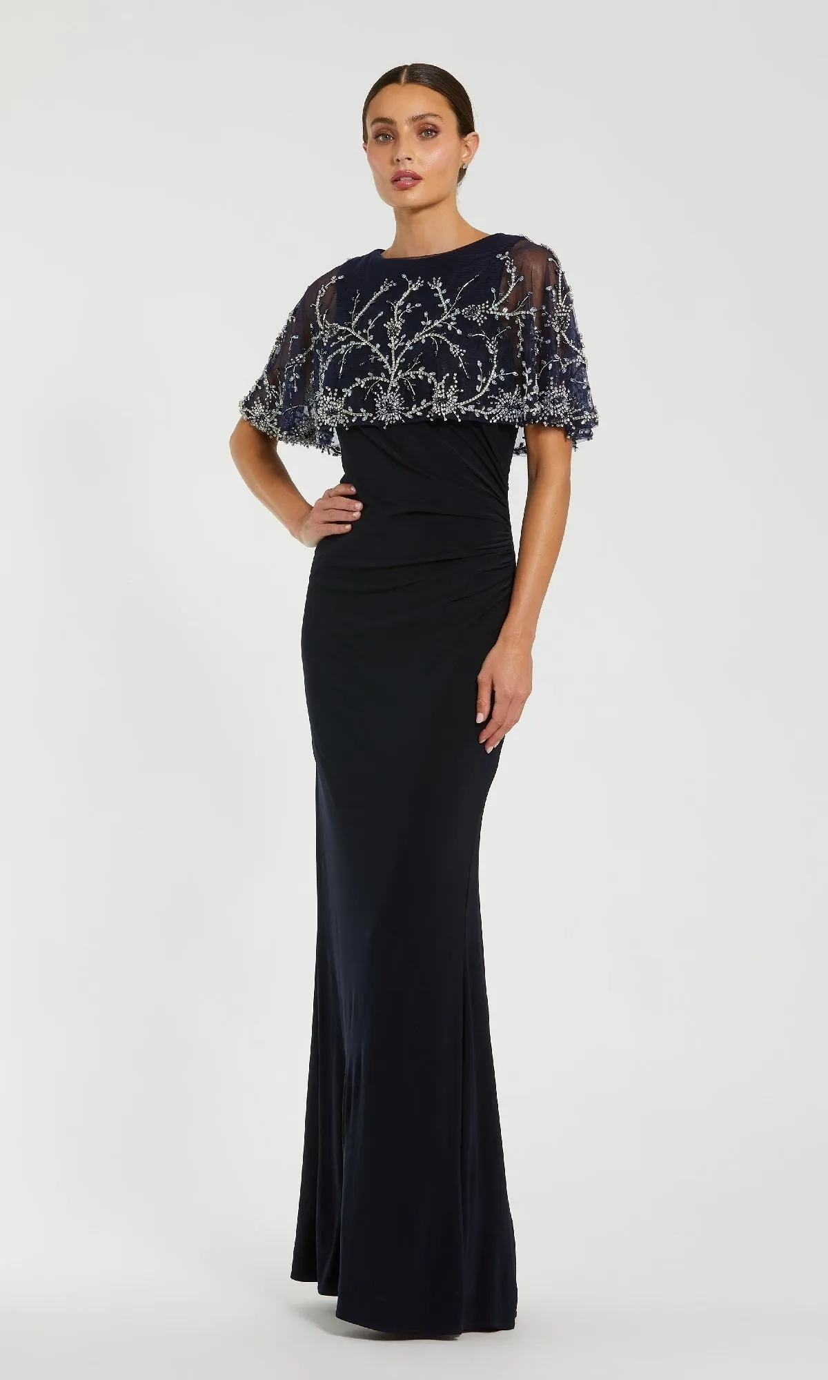 Cape Midnight Blue Formal Gown: Mac Duggal 2257 sold by PromGirl