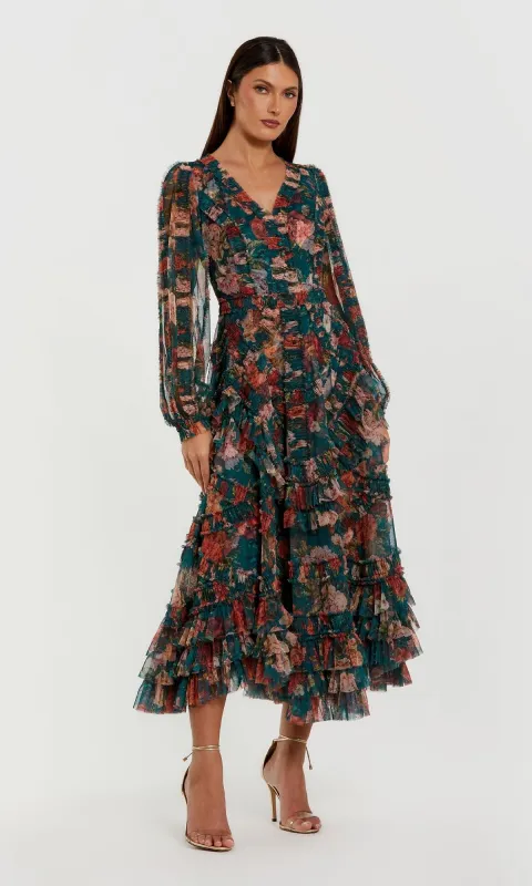 Floral Wedding Guest Dress: Mac Duggal 8348 sold by PromGirl